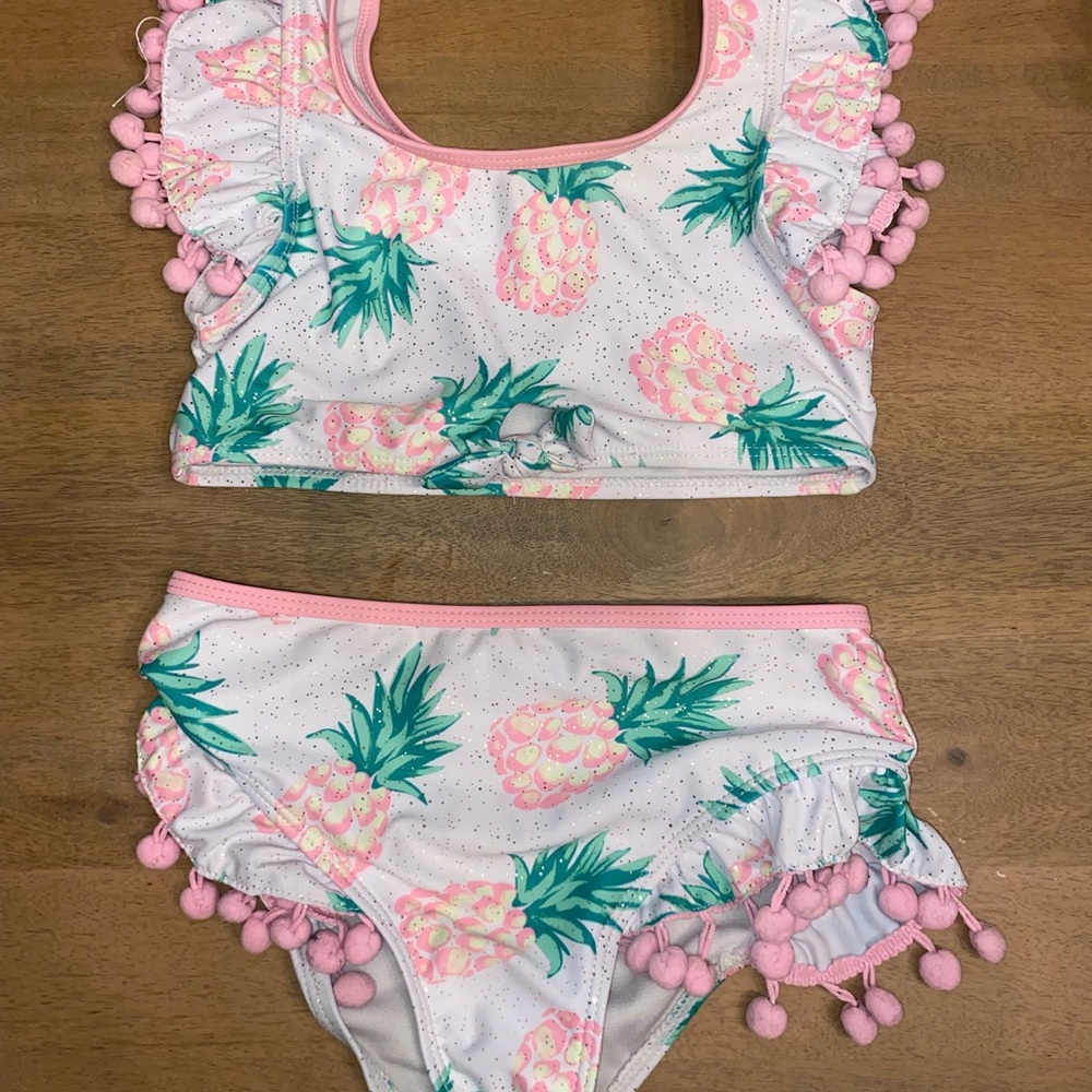 Girls Pineapple Print Pom Pom Bikini Set - Pink & Green